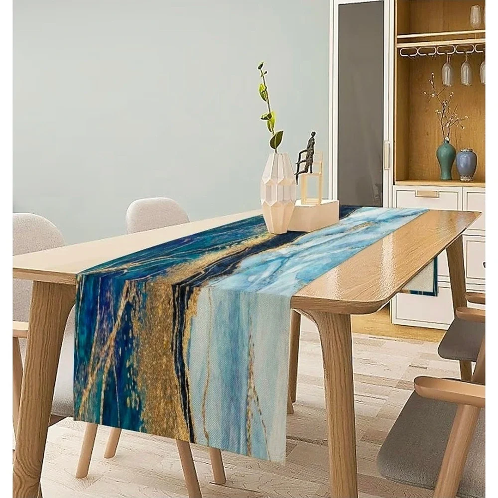 Blue Marble Abstract Texture Table Runner Cotton Linen 13x60 Modern Home Decor